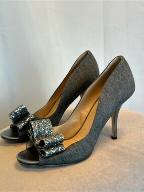 kate spade Gray Peep-Toe Heels with Glitter Bow Accent